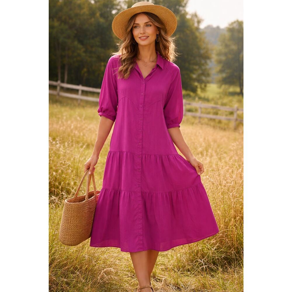 Billy T Button Down Julia Maxi Shirtdress Size M NWT Pink Berry Magenta Tiered‎